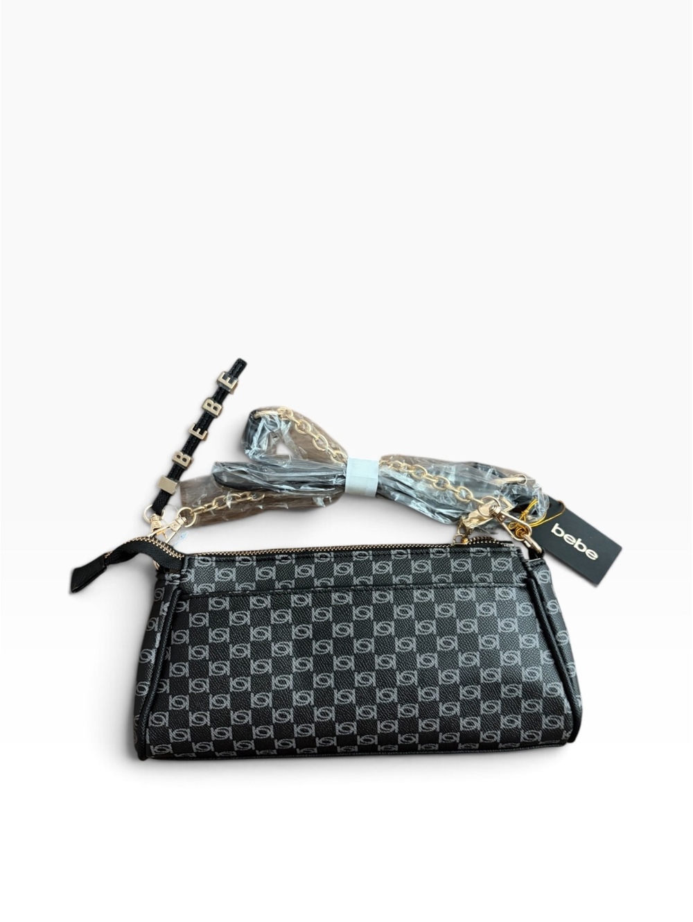 bebe Black Logo Pattern Crossbody Bag with Gold Chain Strap